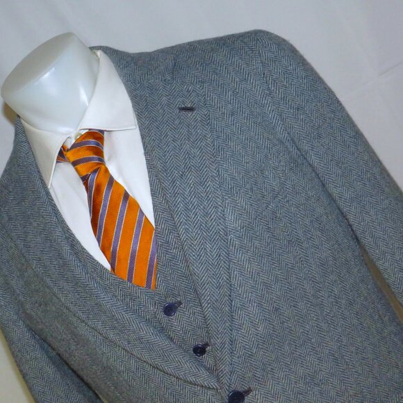 Orazio Luciano Bespoke Pale Bluish Gray Herringbone Tweed Three Piece Suit 42 - Picture 7 of 16